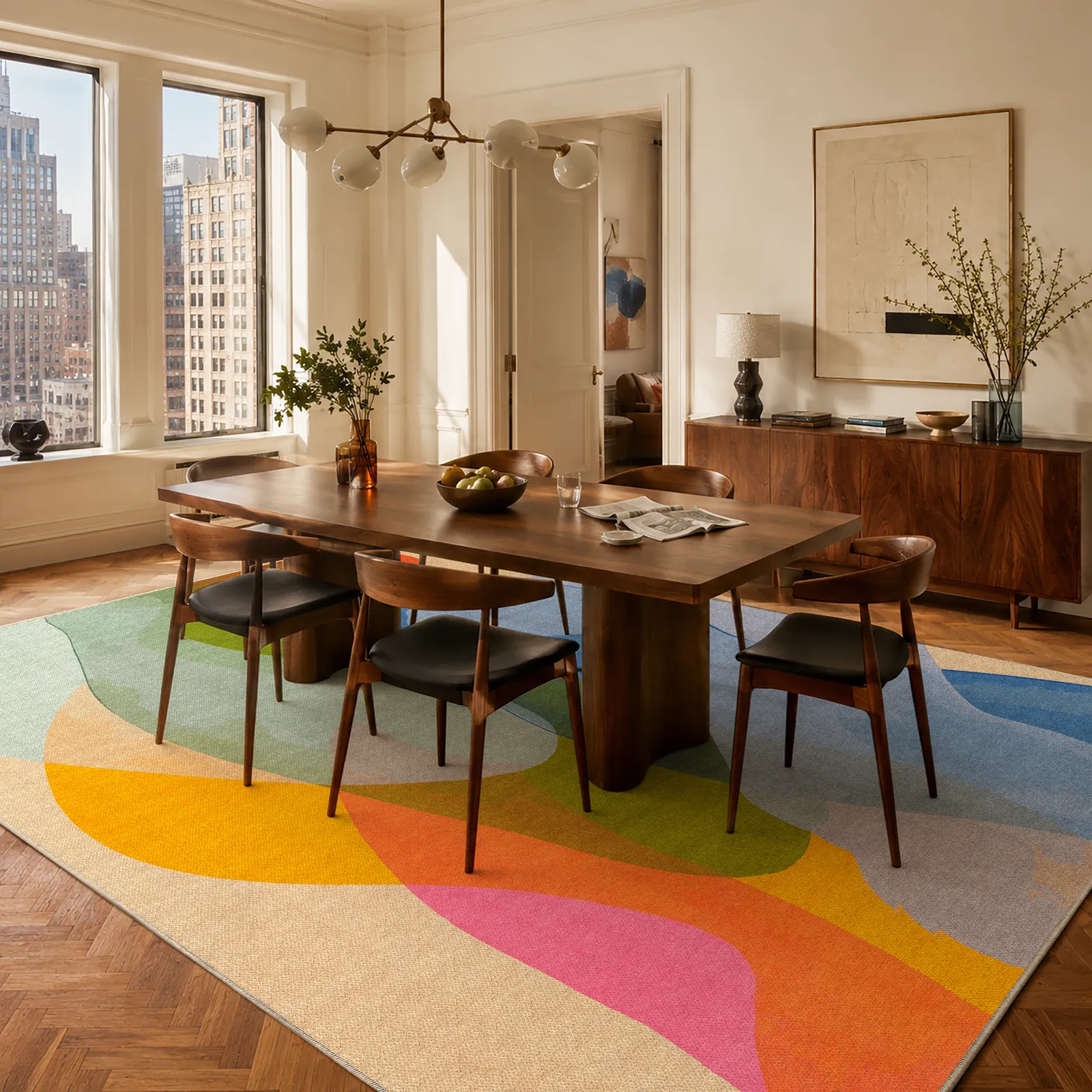 Late September rug by Claire Desjardins in a dining room